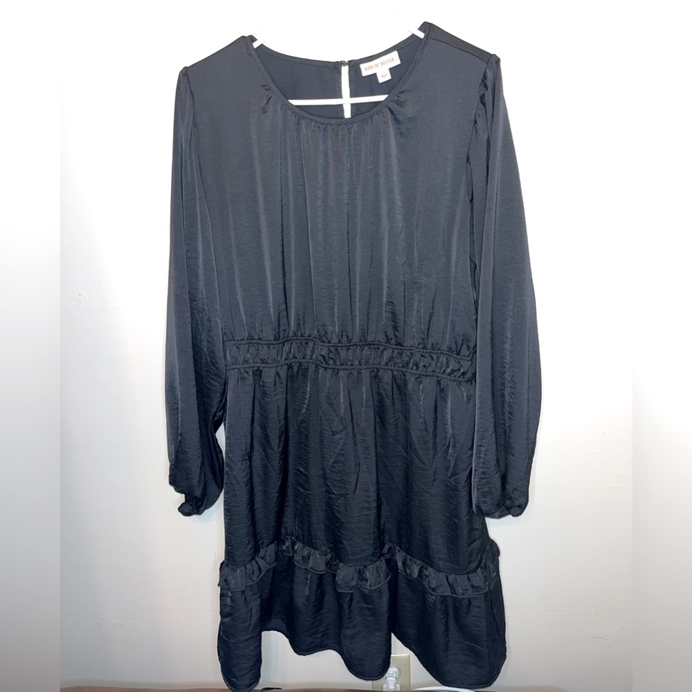 Knox Rose Long Sleeve Midi Dress Womens Size L Black Crew Neck Ruffle Sleeve EUC